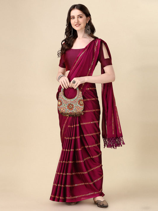 Fancy Sequined Embroidered Purple Coloured Silk Saree with Blouse Piece