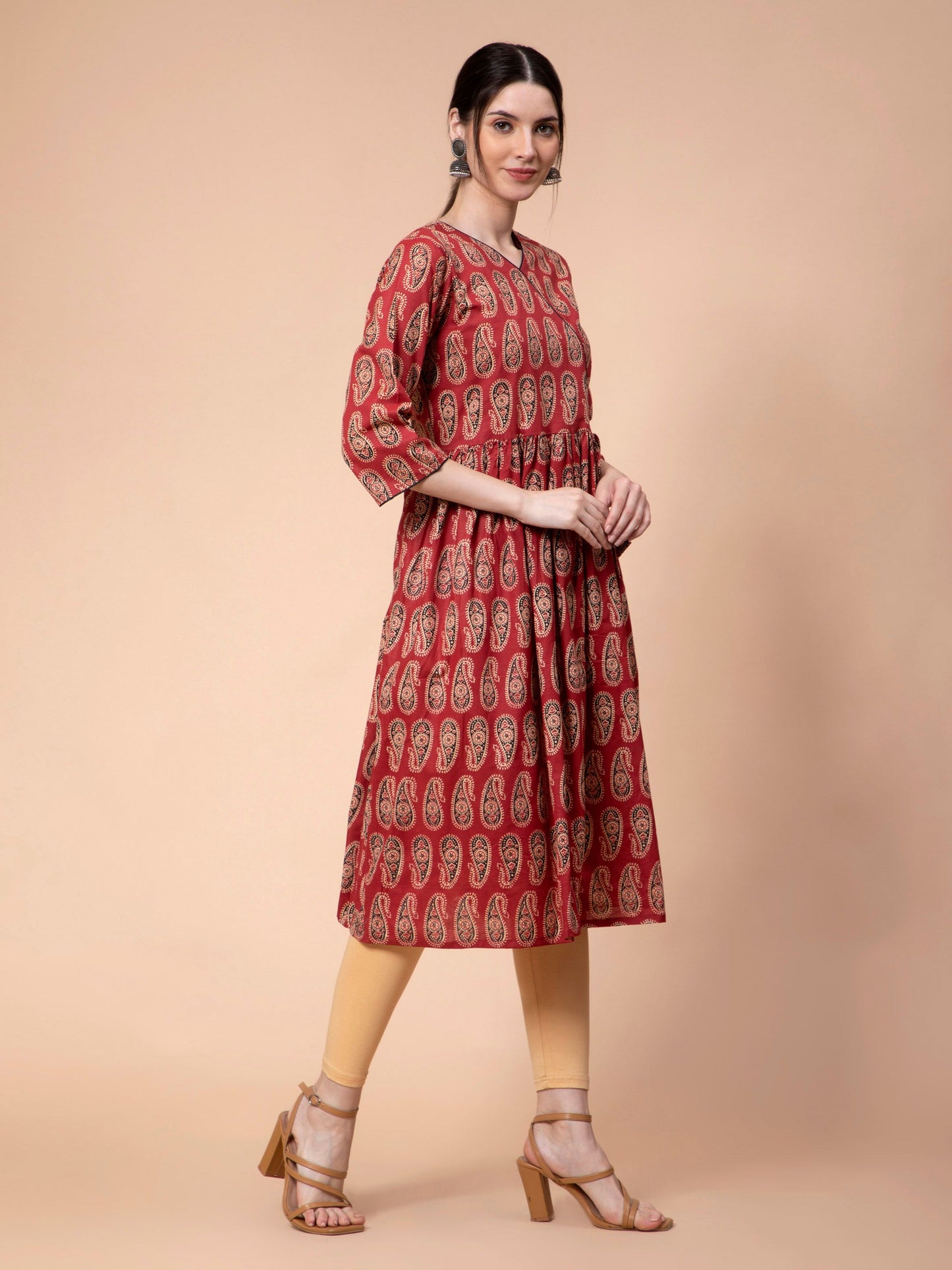 Fabclub Cotton Ajrakh Printed Angarkha Anarkali Women Kurti (Maroon)