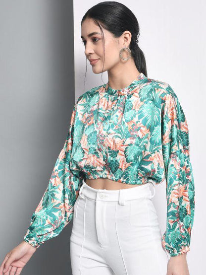 Trend Arrest Women's Polyester Tropical Print Balloon Crop Top