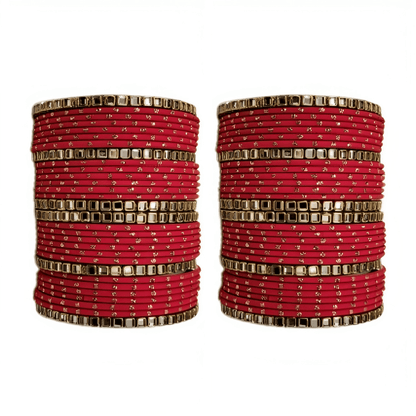 "Set of 2 Golden Dot Texture Metal Bangles Set with Brass Square Kundan Stones"