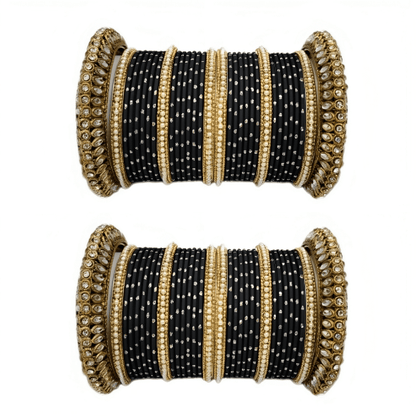 "Glamorous Set of 2 Brass and Metal Bangles with Shimmering Golden Dots – Perfect for Women"