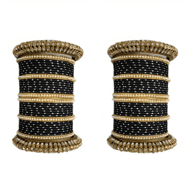 "Glamorous Set of 2 Brass and Metal Bangles with Shimmering Golden Dots – Perfect for Women"