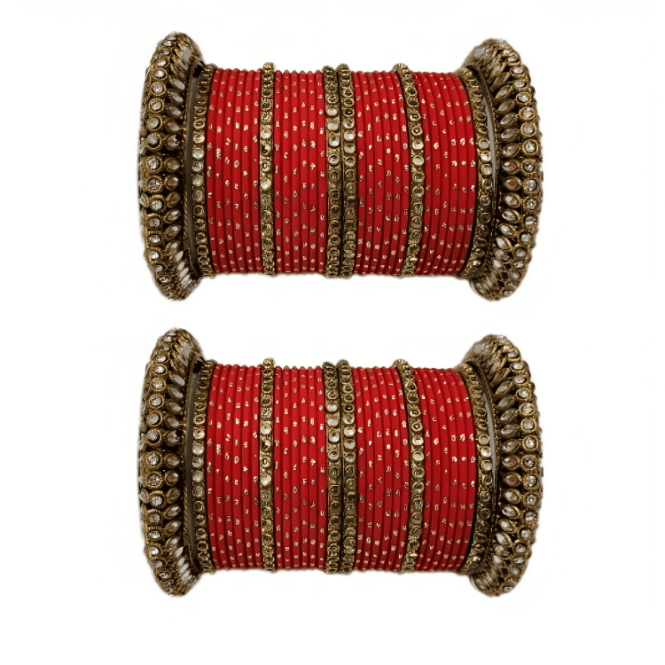 Pair of 2 Set Brass Stone Bangles with Golden Dots Matte Texture Metal Bangles"